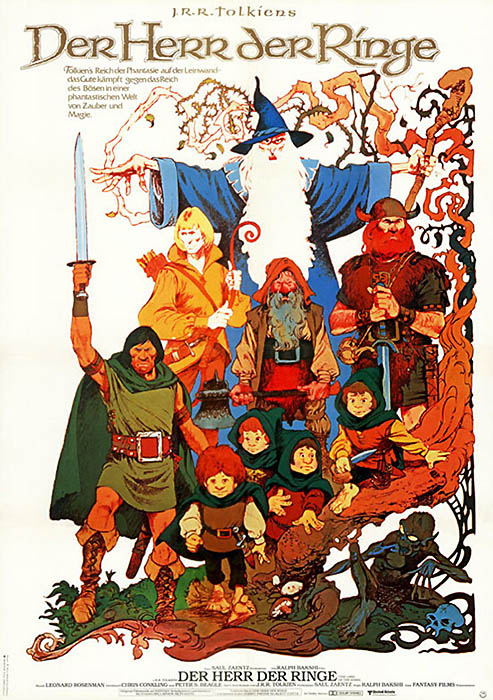 German poster for "the Lord of the Rings" taken from https://www.filmposter-archiv.de/filmplakat.php?id=25386 It shows cartoon-style drawing of a party of very different adventurers in an abstract forest scene.