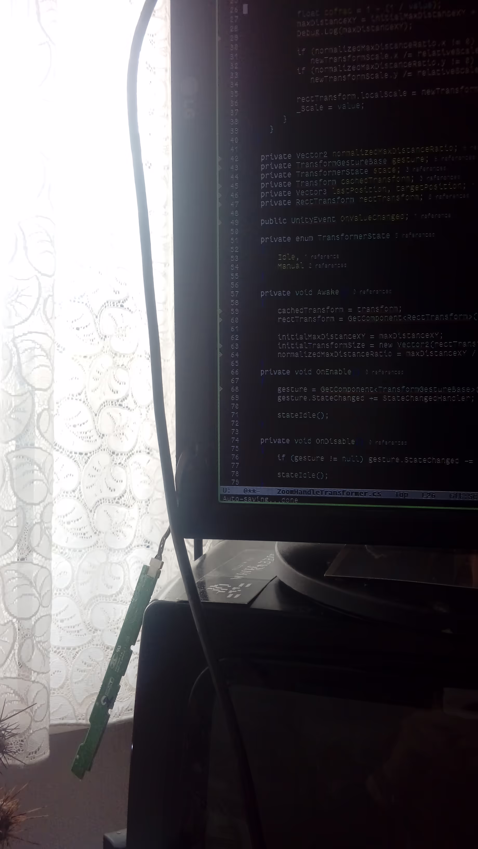 A computer screen showing some code in front of a brightly lit white curtain. The curtain has a leaf pattern. The computer screen stands on a CRT screen. A long, green pcb hangs from some cables that come out of the screen. A Black cable runs from the top of the picture to the bottom. In the very bottom left of the picture, some pricks of a dried out cactus can be seen. Everything in the picture has a bit of a glow due to the contre-jour from the curtain.